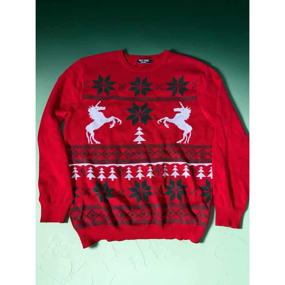 Paul Jones Men Crewneck Christmas Sweater Size Large Unicorns Red